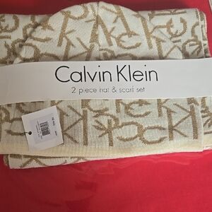 Calvin Klein Beige and Gold Hat & Scarf Set